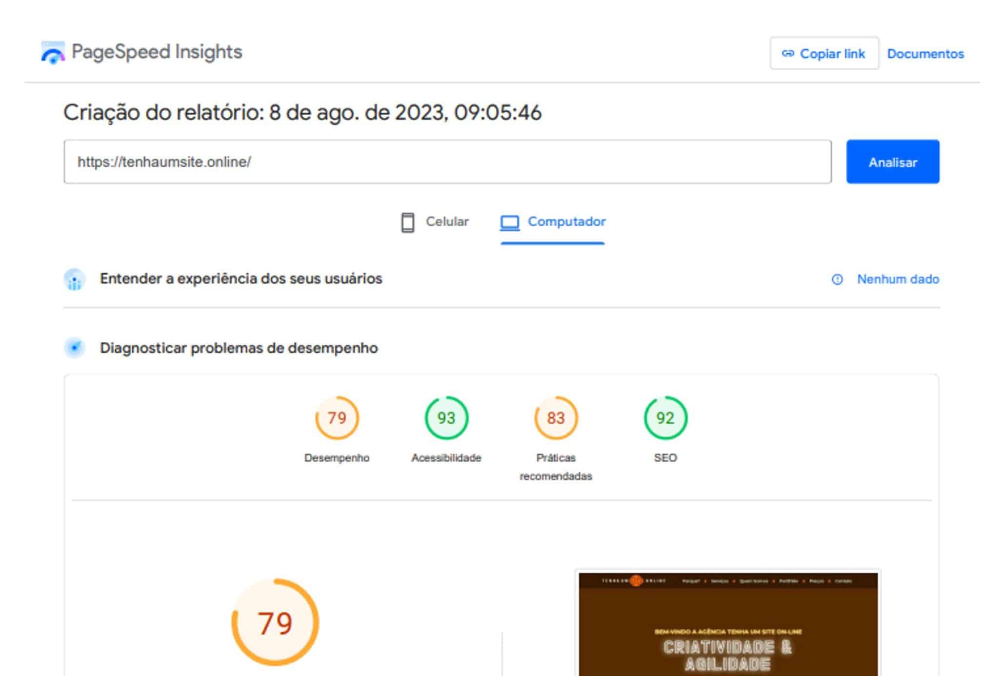 Site sem a Optmização Profissional